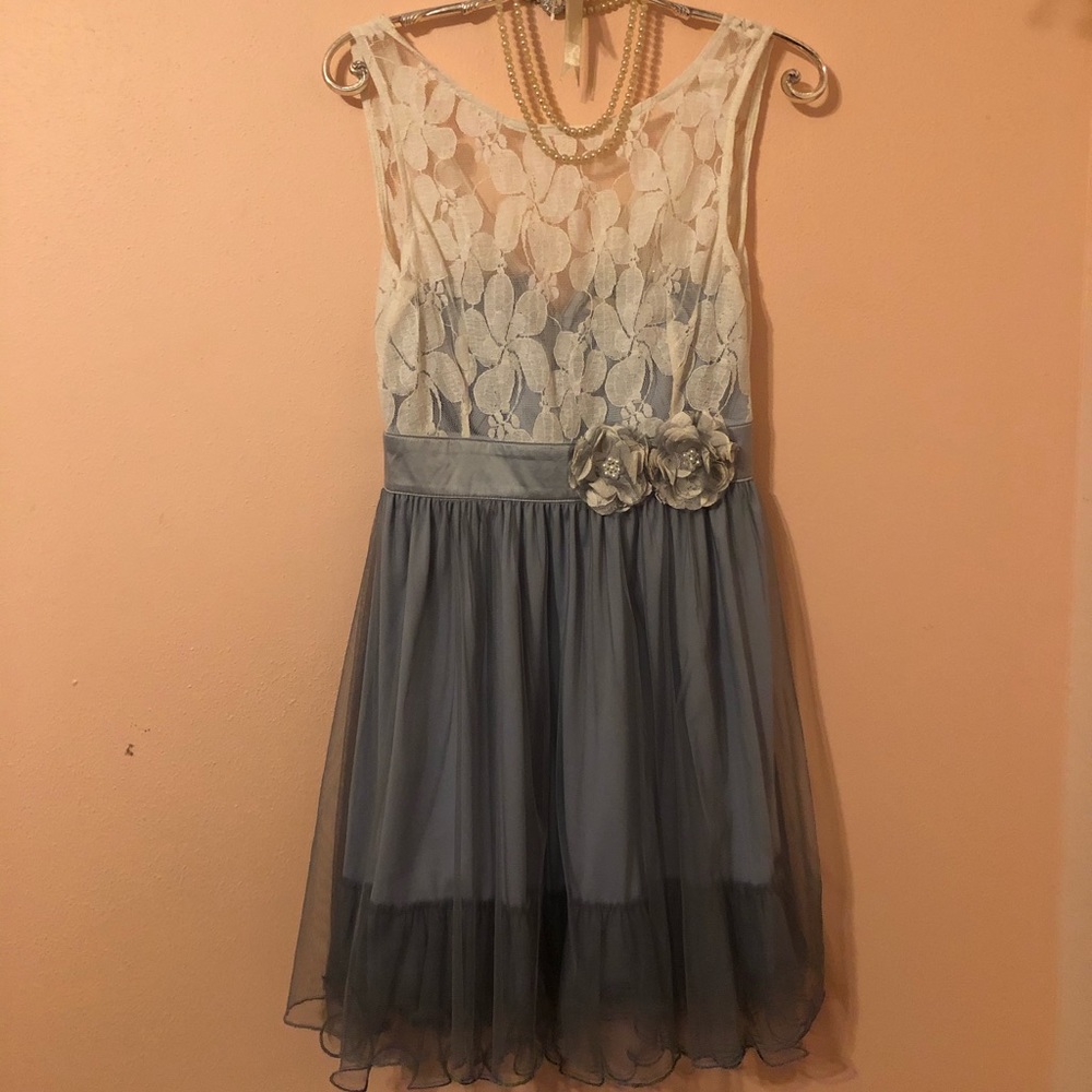 Blue gray lace + tulle dress with roses